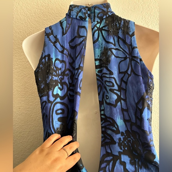 Alex Evenings Silk Blend Blue & Black Beaded Halter Mini Dress 8 - Picture 9 of 16